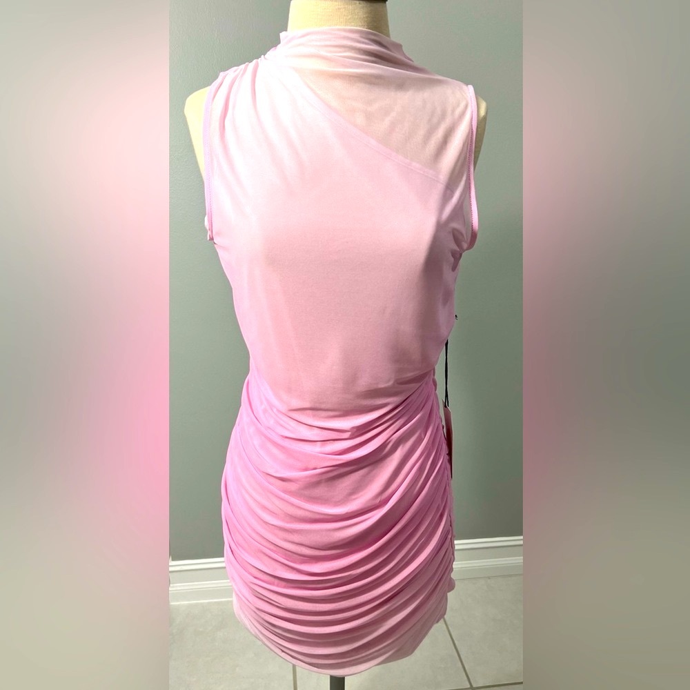 Perfect 4 Spring Simply Beautiful Crystal Sky sheer Barbie Pink dress w/ ruching - Picture 2 of 6